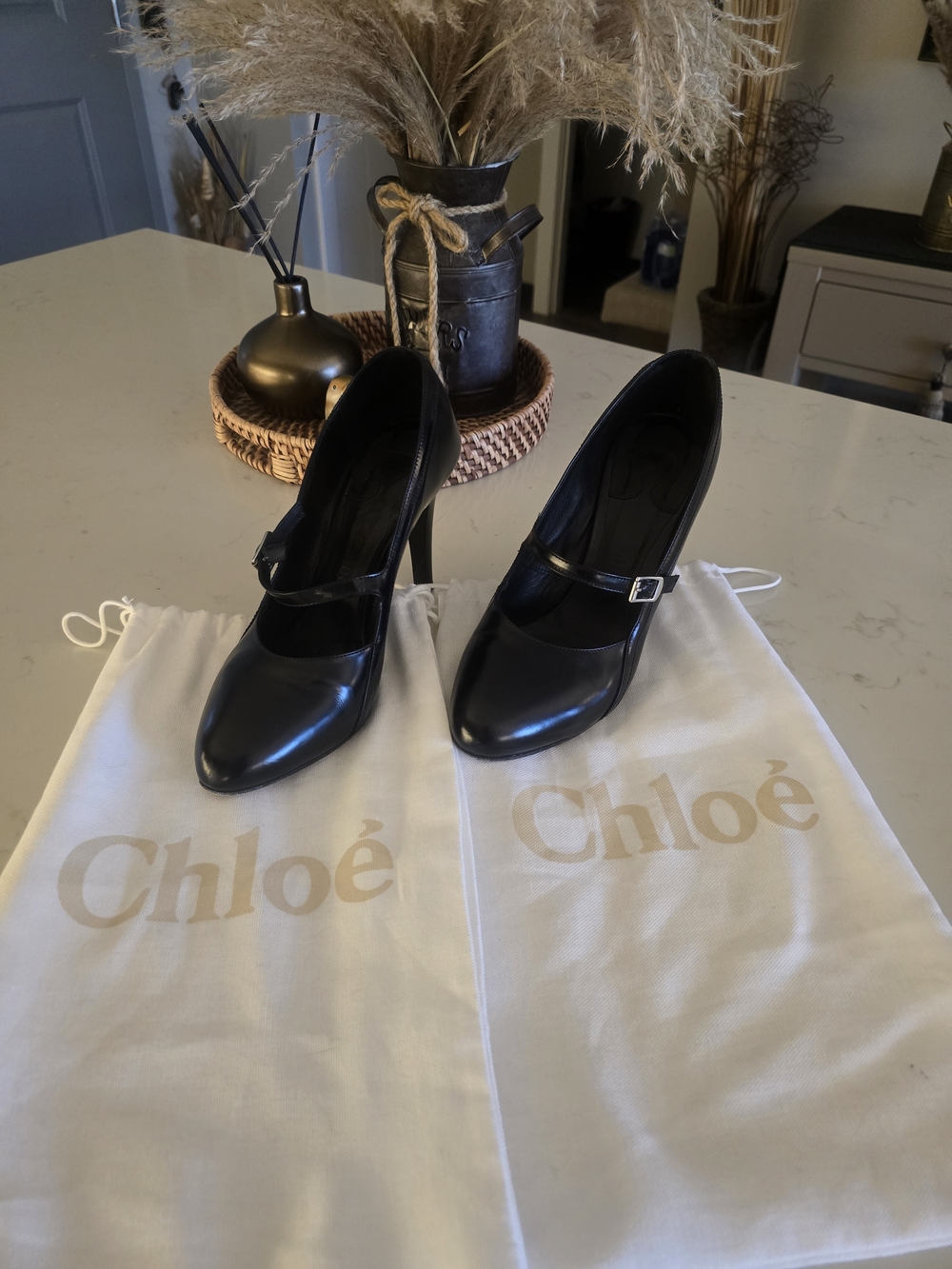 CHLOE Black Leather Mary Jane Heels